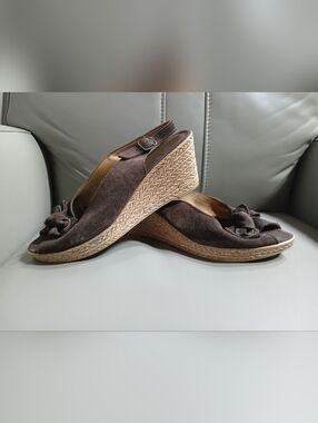 A. Giannetti Brown Suede Wedge Slingback Sandals